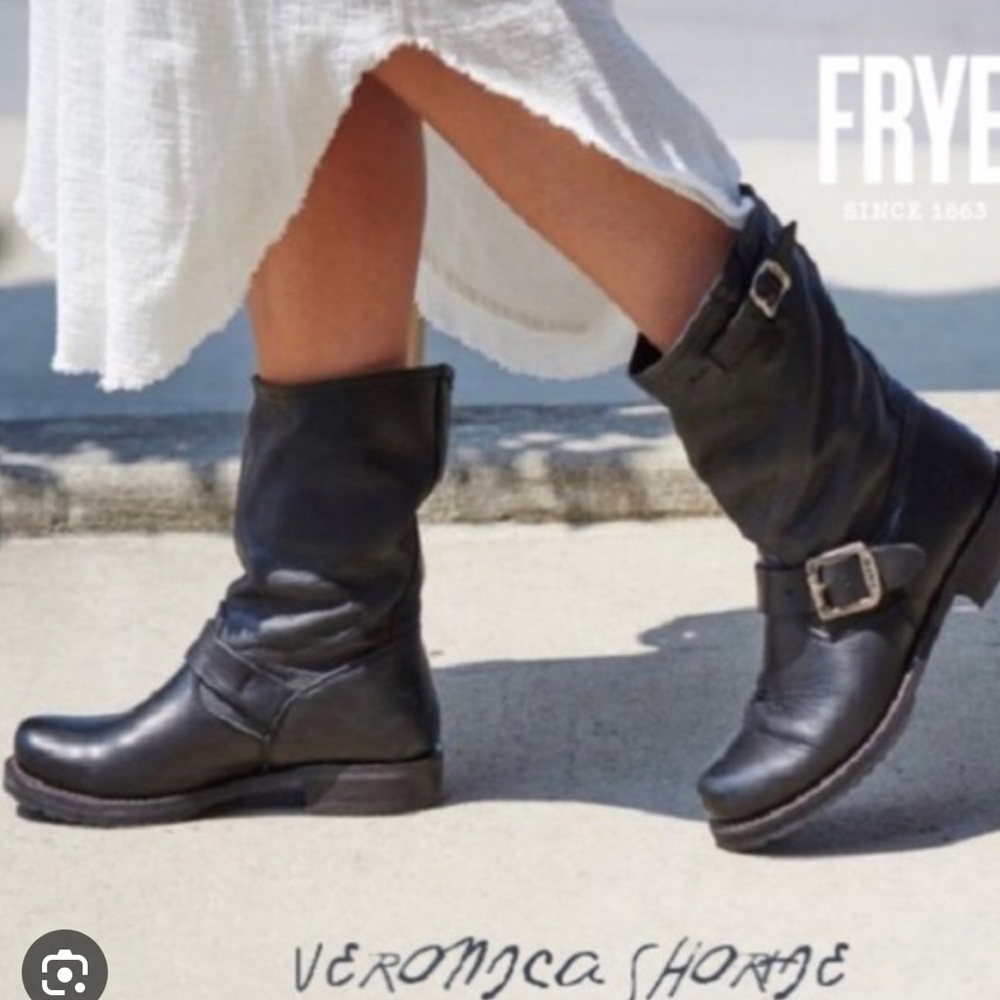 Frye Black Leather Mid-Calf Buckle Boots